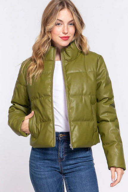 Long Sleeve High Neck Quilted Pu Puffer Jacket Olv-Olive Green