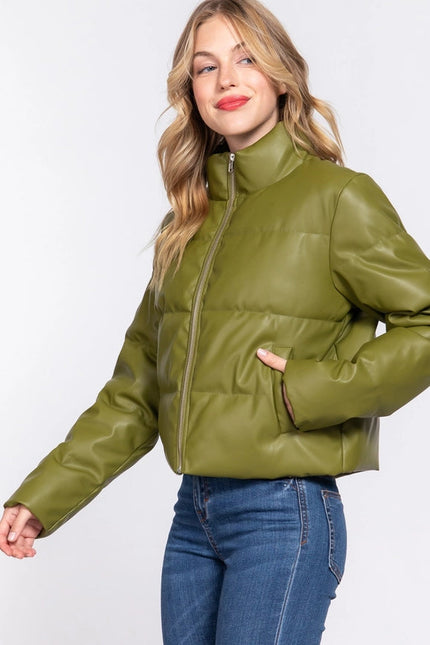 Long Sleeve High Neck Quilted Pu Puffer Jacket Olv-Olive Green