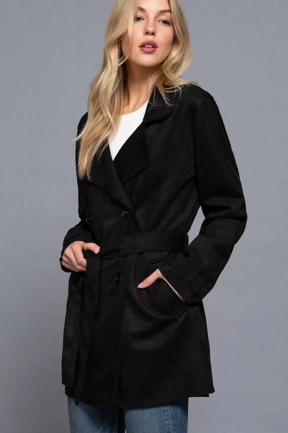 Long Sleeve Lapel Collar Self Belted Faux Suede Trench Coat