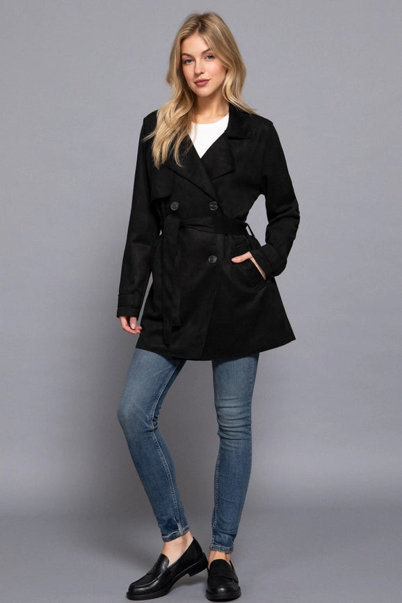 Long Sleeve Lapel Collar Self Belted Faux Suede Trench Coat