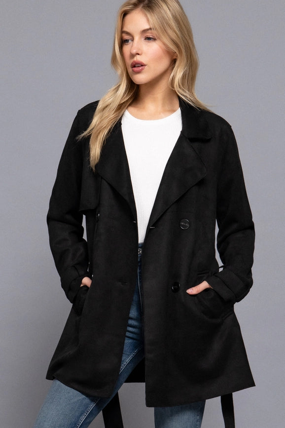 Long Sleeve Lapel Collar Self Belted Faux Suede Trench Coat