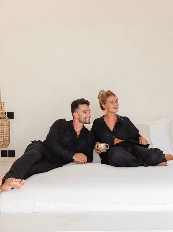 Long Sleeve Linen Pajama Aveira in Black