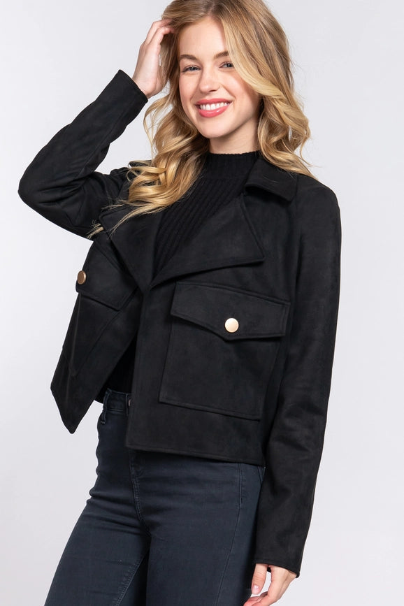 Long Sleeve Notched Collar Open Front Faux Suede Jacket