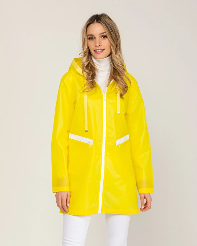 Long Waterproof Raincoat With Hood, Zip And Pockets Yellow