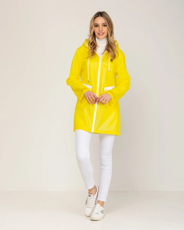 Long Waterproof Raincoat With Hood, Zip And Pockets Yellow