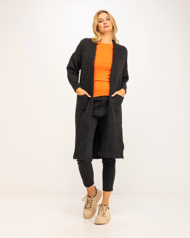 Long Cardigan Style Chunky Knit Jacket With Pockets And Graphic Black