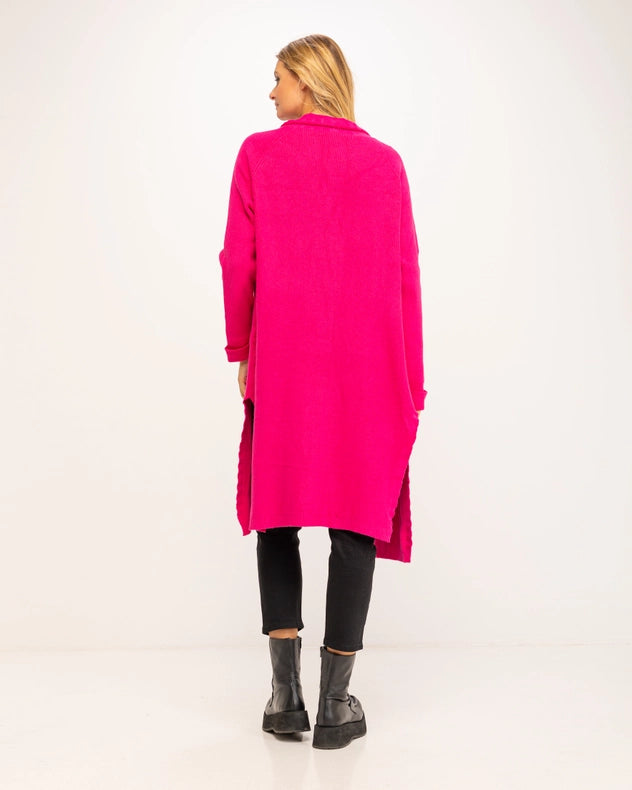 Long Cardigan-Style Knit Jacket Fuchsia