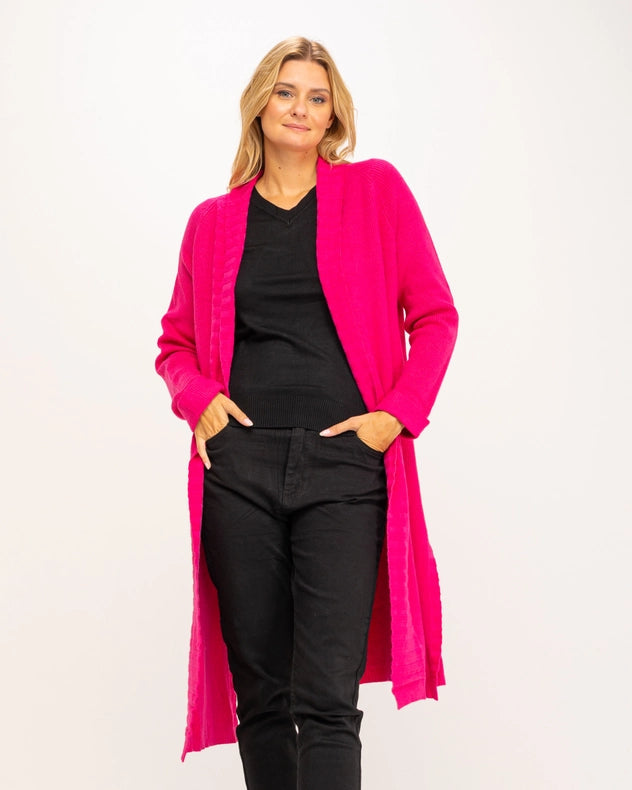 Long Cardigan-Style Knit Jacket Fuchsia