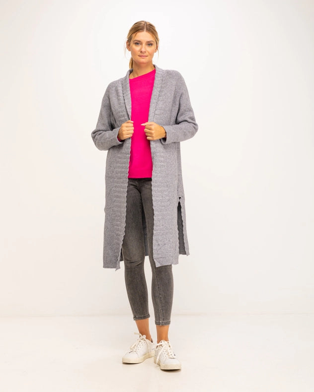 Long Cardigan-Style Knit Jacket Grey