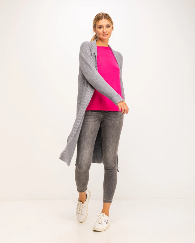 Long Cardigan-Style Knit Jacket Grey