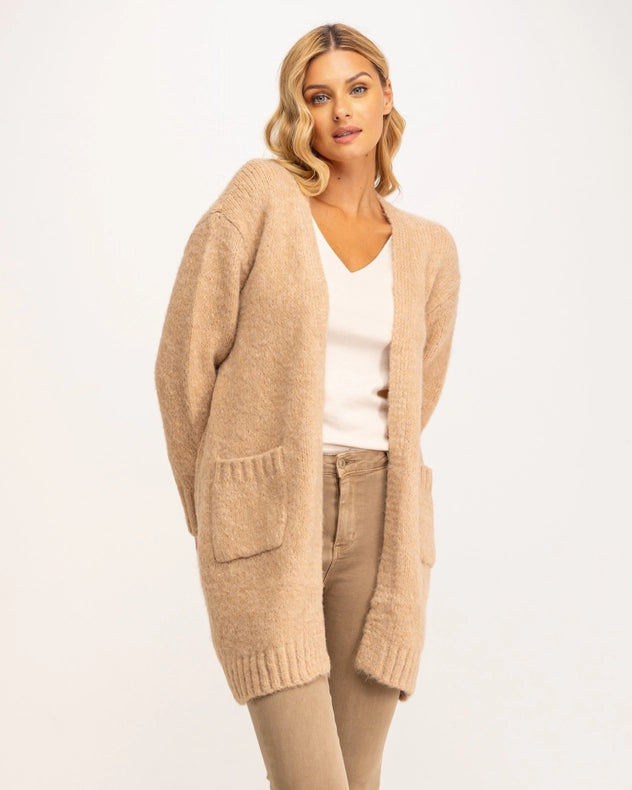 Long Chunky Knit Jacket With Front Pockets Beige