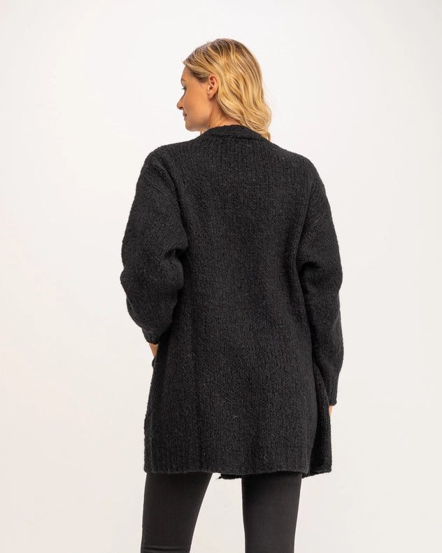 Long Chunky Knit Jacket With Front Pockets Black