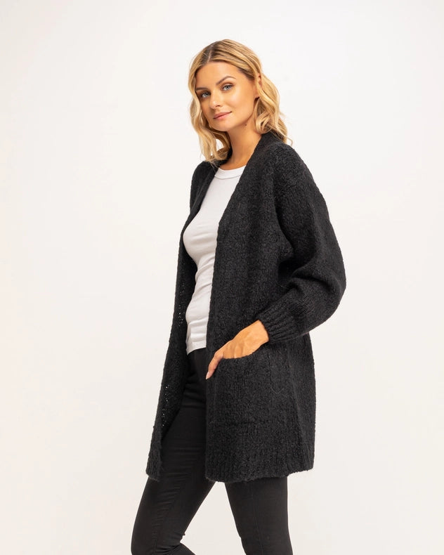 Long Chunky Knit Jacket With Front Pockets Black