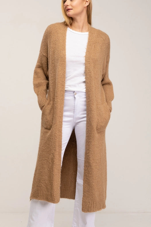 Long Knitted Jacket With Pockets Brown