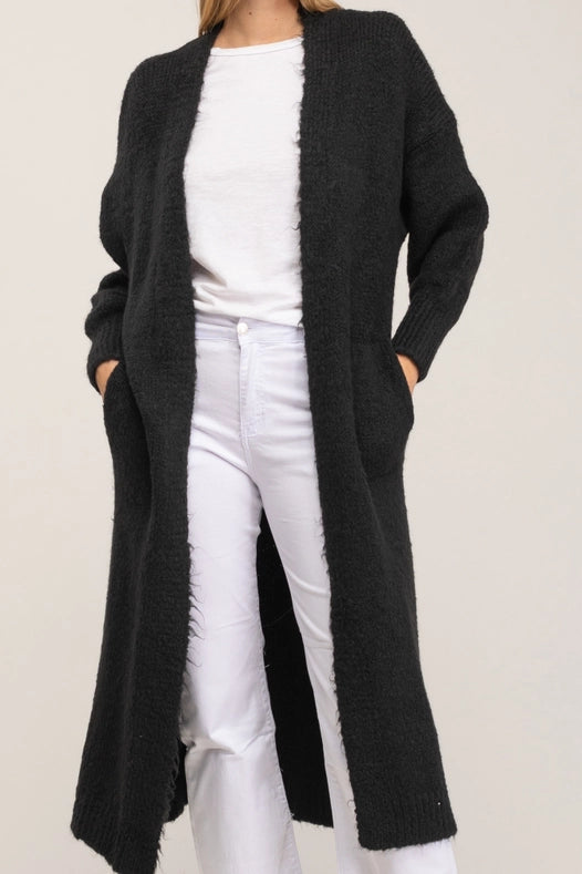 Long Knitted Jacket With Pockets Black