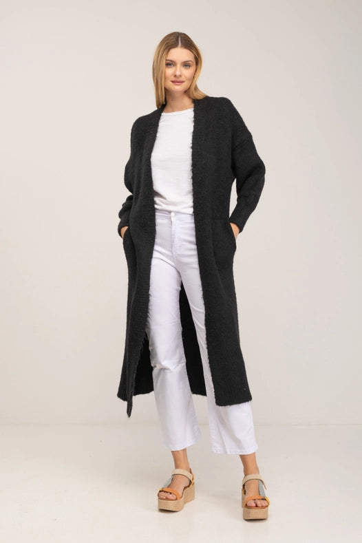 Long Knitted Jacket With Pockets Black