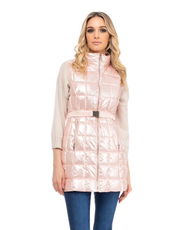 Long Metallic Padded Vest With Zip, Belt And Front Pockets Pink