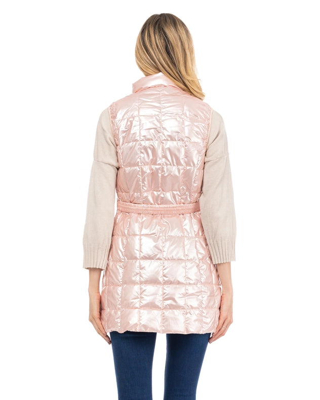 Long Metallic Padded Vest With Zip, Belt And Front Pockets Pink