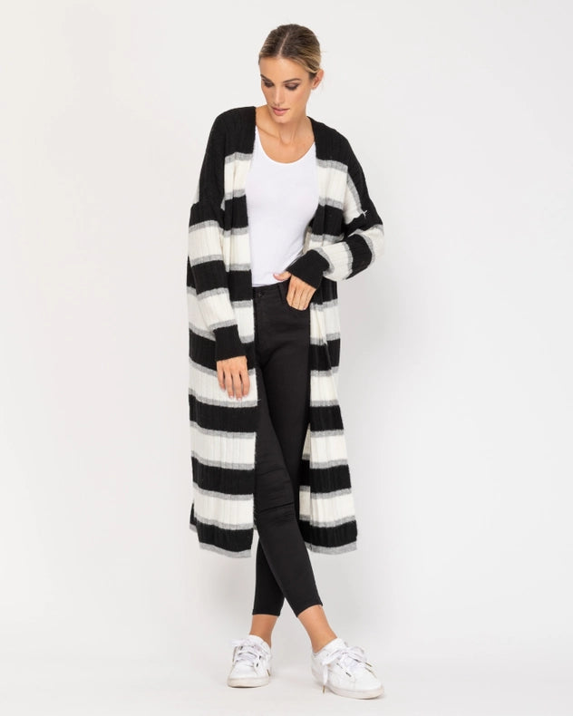 Long Open Knit Jacket With Stripes Black