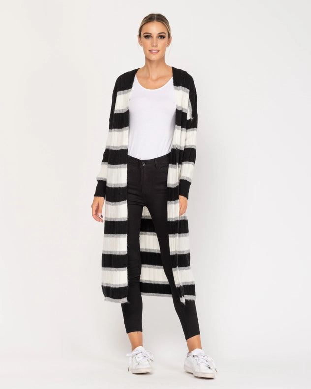 Long Open Knit Jacket With Stripes Black