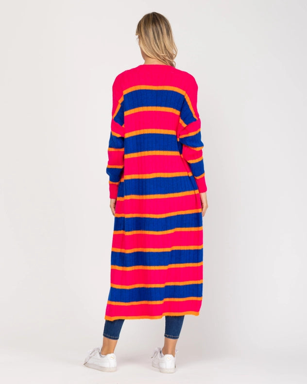 Long Open Knit Jacket With Stripes Fuchsia