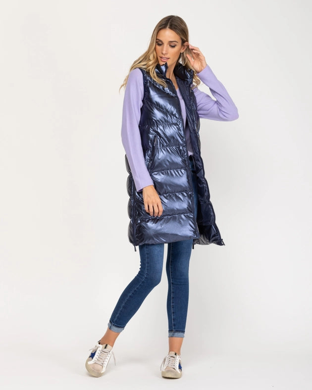 Long sleeveless down jacket with hood BLUE