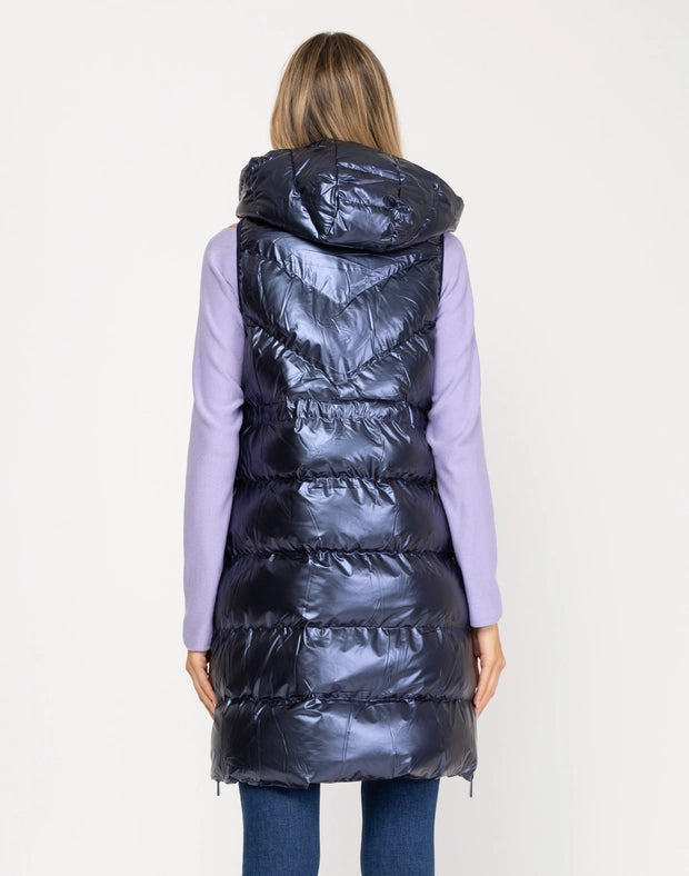 Long sleeveless down jacket with hood BLUE