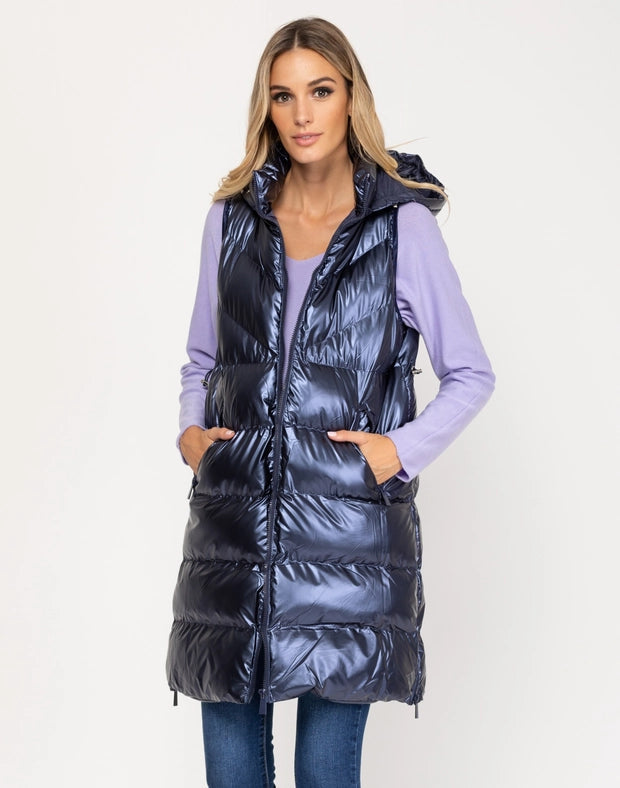 Long sleeveless down jacket with hood BLUE