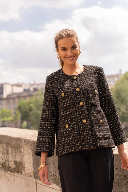 Loose Tweed Jacket with Straight Gold Buttons  Black