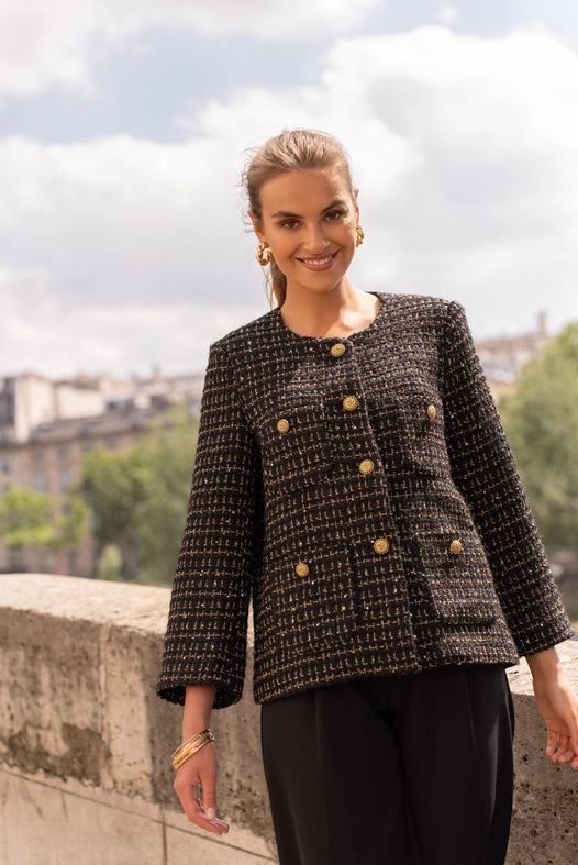 Loose Tweed Jacket with Straight Gold Buttons  Black