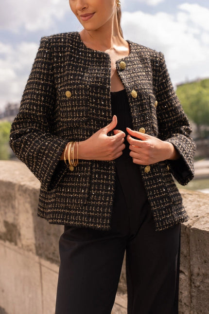 Loose Tweed Jacket with Straight Gold Buttons  Black