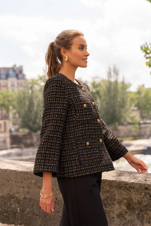 Loose Tweed Jacket with Straight Gold Buttons  Black