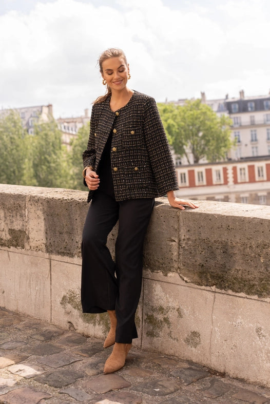 Loose Tweed Jacket with Straight Gold Buttons  Black