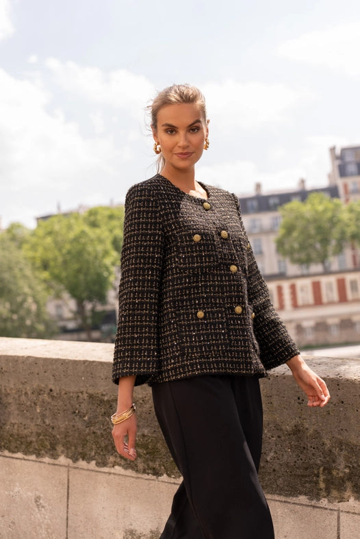 Loose Tweed Jacket with Straight Gold Buttons  Black