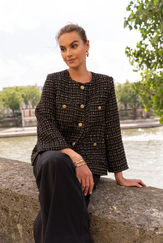 Loose Tweed Jacket with Straight Gold Buttons  Black