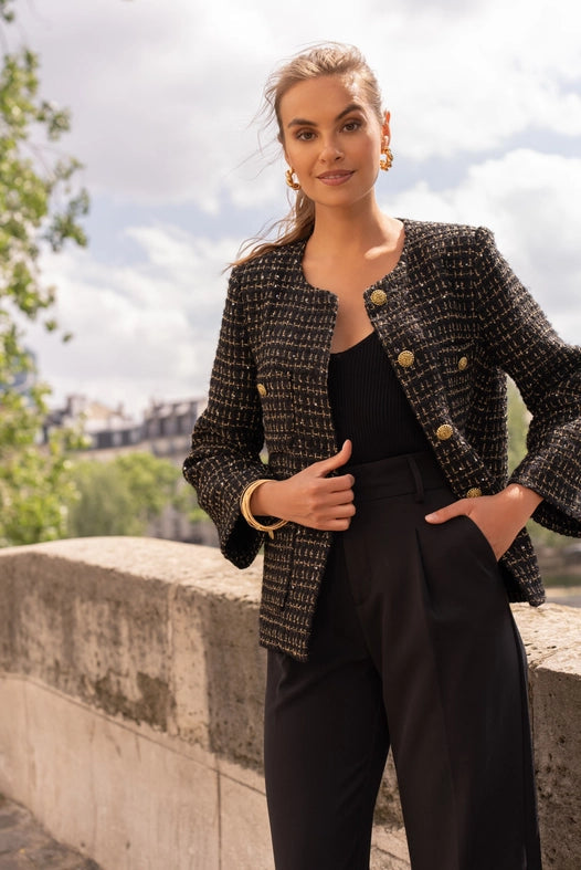 Loose Tweed Jacket with Straight Gold Buttons  Black