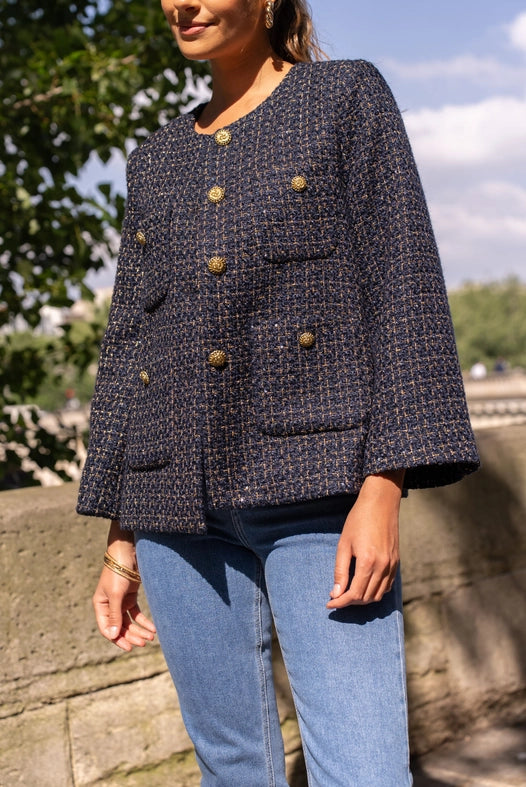 Loose Tweed Jacket with Straight Gold Buttons  Navy Blue