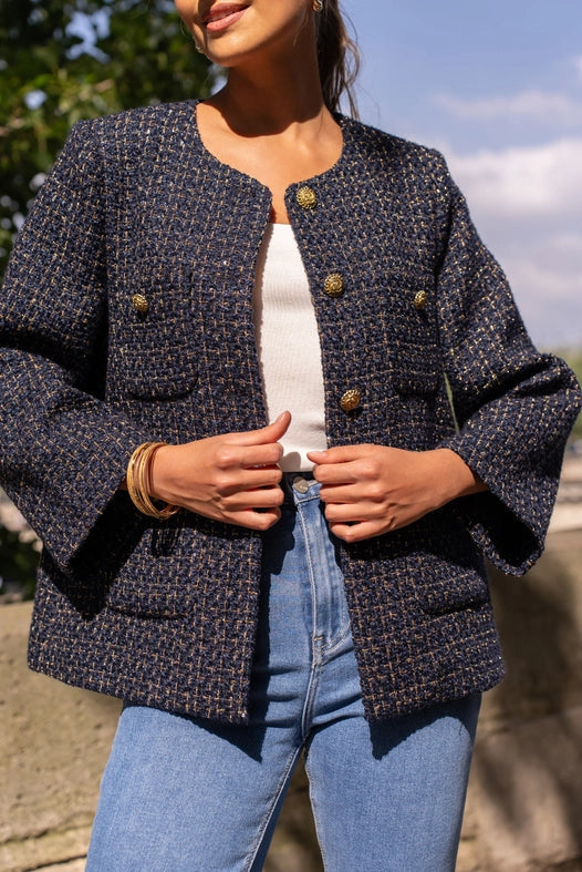 Loose Tweed Jacket with Straight Gold Buttons  Navy Blue