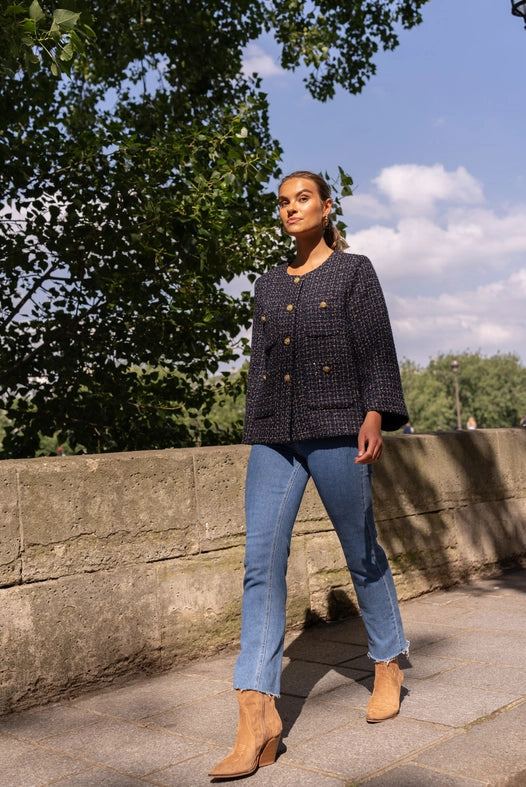 Loose Tweed Jacket with Straight Gold Buttons  Navy Blue