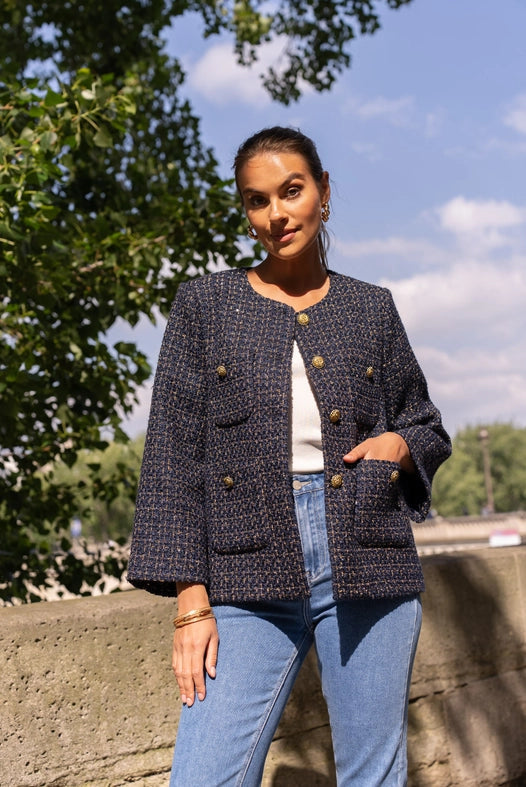 Loose Tweed Jacket with Straight Gold Buttons  Navy Blue