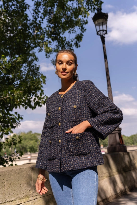 Loose Tweed Jacket with Straight Gold Buttons  Navy Blue