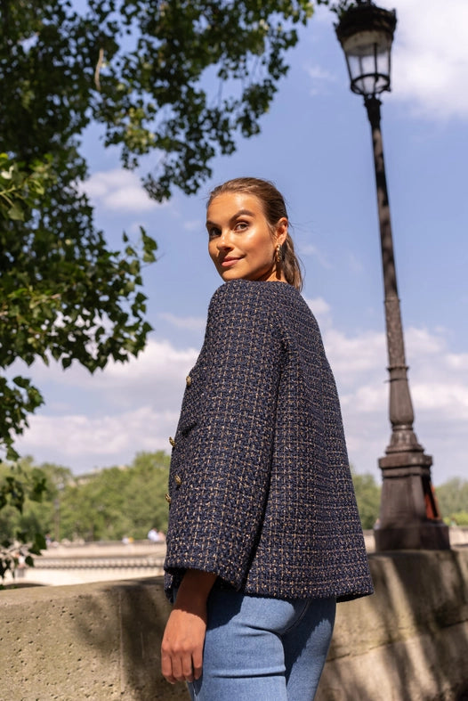 Loose Tweed Jacket with Straight Gold Buttons  Navy Blue