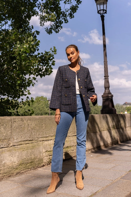 Loose Tweed Jacket with Straight Gold Buttons  Navy Blue