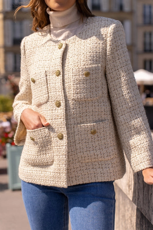 Loose Tweed Jacket with Straight Gold Buttons  Off-white