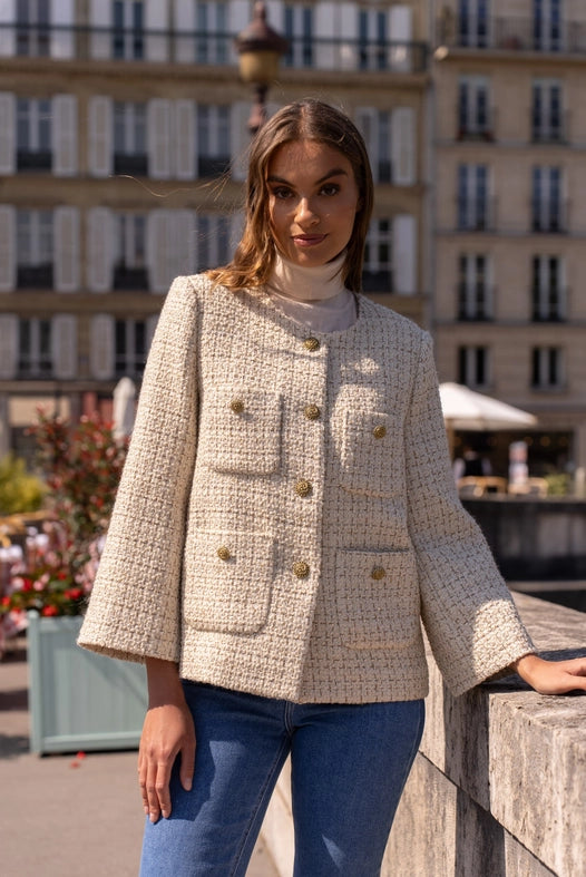 Loose Tweed Jacket with Straight Gold Buttons  Off-white