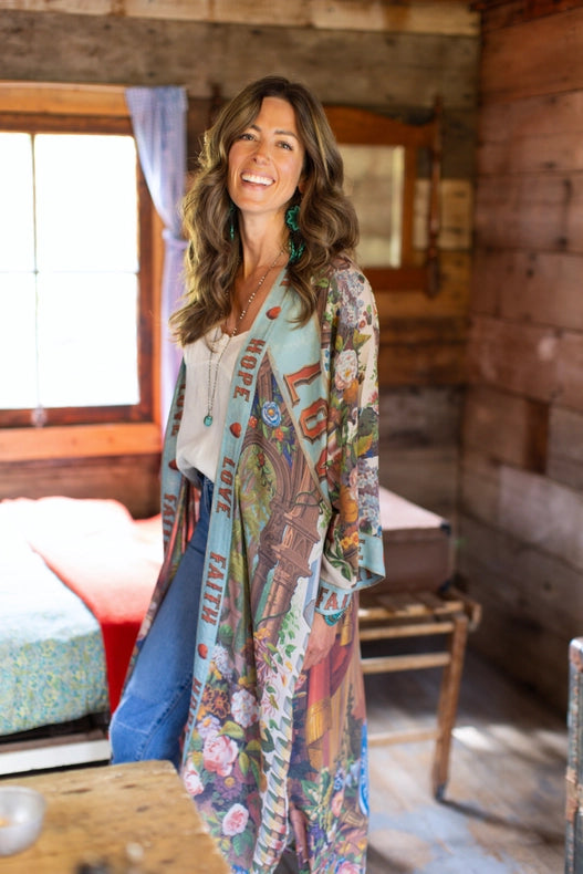 Love Language Printed Long Duster Bamboo Kimono Robe