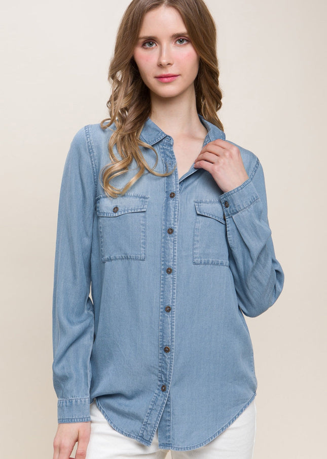 Love Tree Scooped Hem Button Up Denim Shirt