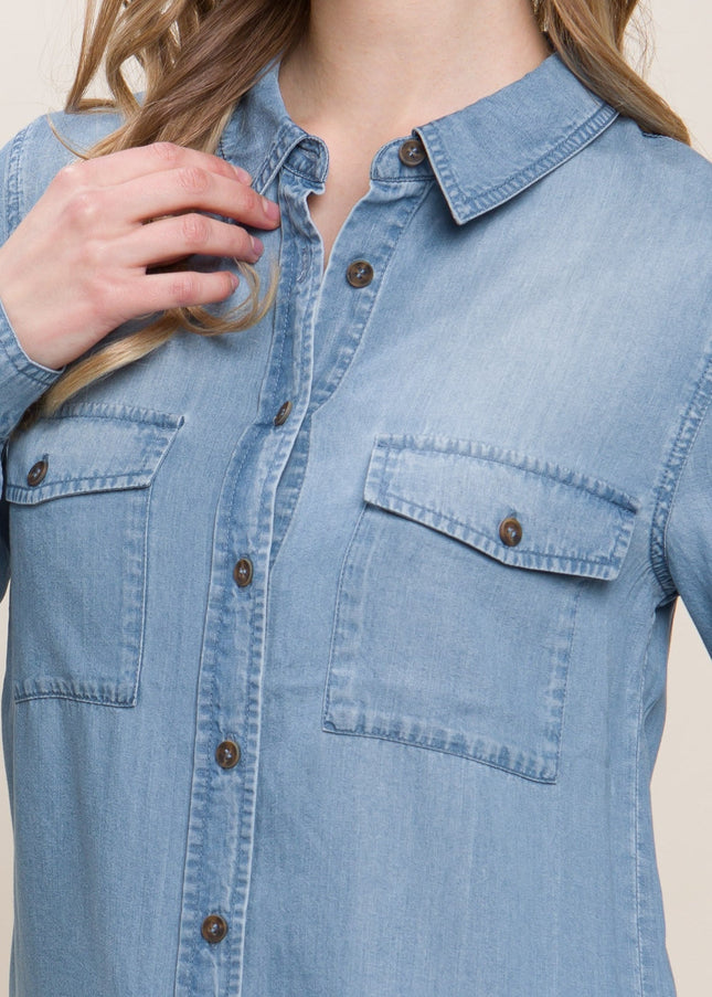 Love Tree Scooped Hem Button Up Denim Shirt