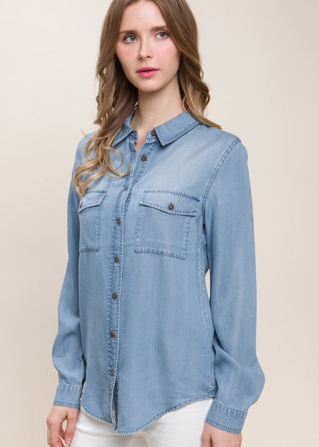 Love Tree Scooped Hem Button Up Denim Shirt