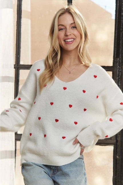 Lovely Heart Drop Shoulder Sweater Cutesy and Charming Style